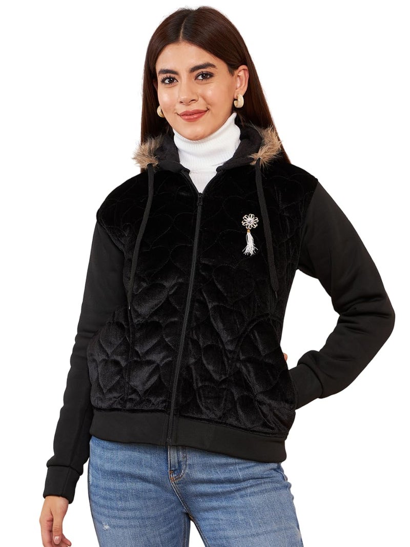 Pivl Women's Fleece Winter hooded Jacket_BLACK_M - Image 1