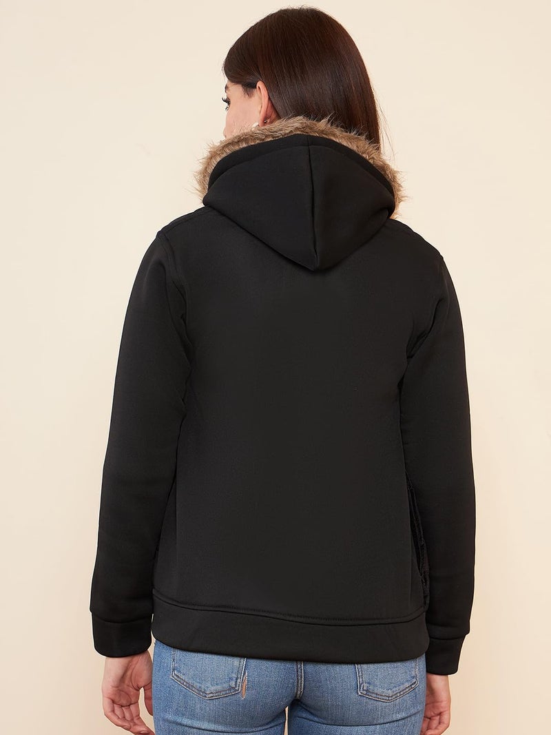 Pivl Women's Fleece Winter hooded Jacket_BLACK_M - Image 4