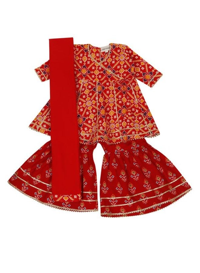 LITTLE GINNIE طقم كورتا شراة قطن لفتاة صغيرة 2-3 سنوات - طباعة بندhani، ملابس عرقية حمراء للأطفال الفتيات - Image 1