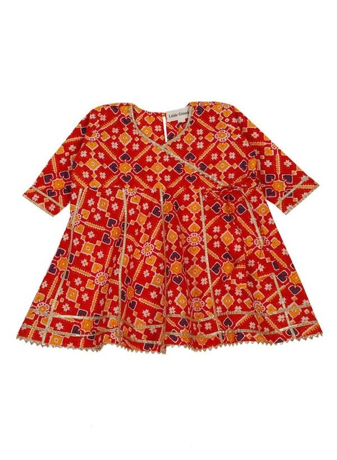 LITTLE GINNIE طقم كورتا شراة قطن لفتاة صغيرة 2-3 سنوات - طباعة بندhani، ملابس عرقية حمراء للأطفال الفتيات - Image 2
