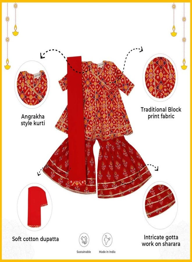 LITTLE GINNIE طقم كورتا شراة قطن لفتاة صغيرة 2-3 سنوات - طباعة بندhani، ملابس عرقية حمراء للأطفال الفتيات - Image 4
