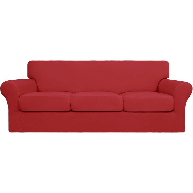 EasyGoing 4 Pieces Stretch Soft Couch Cover for Dogs  Washable Sofa Slipcover for 3 Separate Cushion Couch  Elastic Furniture Protector for Pets KidsSofa Christmas Red