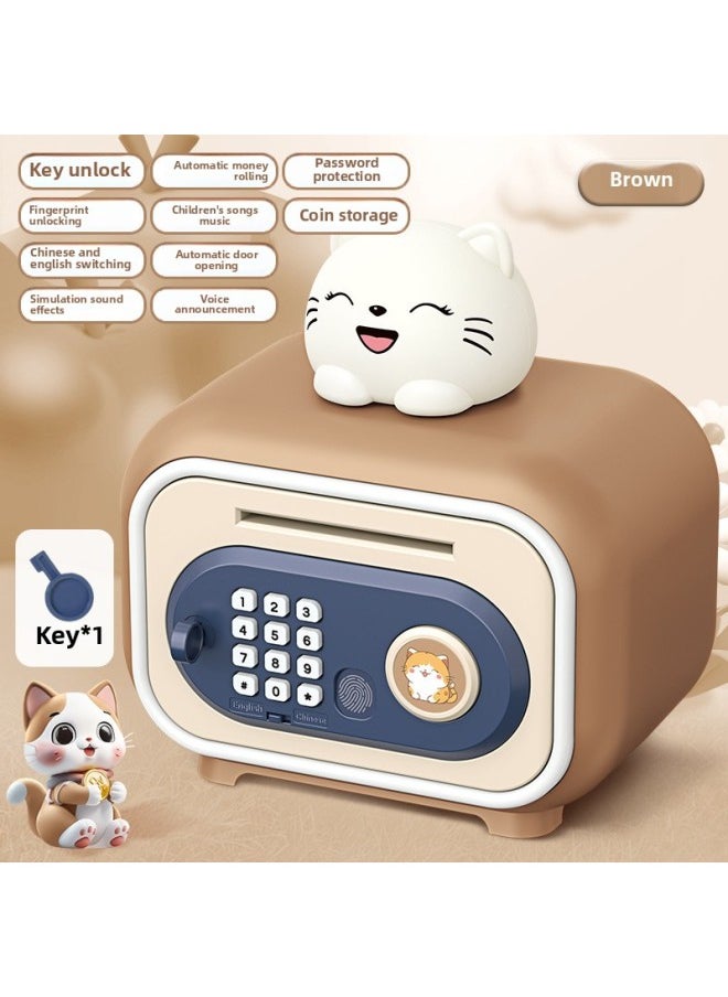 Generic - Cute Pet Simulation Fingerprint Identification Piggy Bank Dual-mode Key Unlock Can Access Piggy Bank Children's Toys-Color:Brown Cat Safe [fingerprint + Password + Key] Gift Box + Rechargeable Battery - Image 1