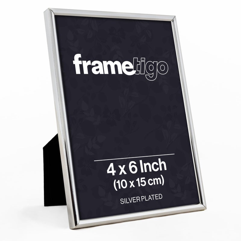 Frametigo  Silver Plated Thin Edge Photo Frame 4x6 10x15cm Photo Size  Velvet Frame Backing  Stand  Real Glass Window  TarnishResistant  Landscape or Portrait Orientation