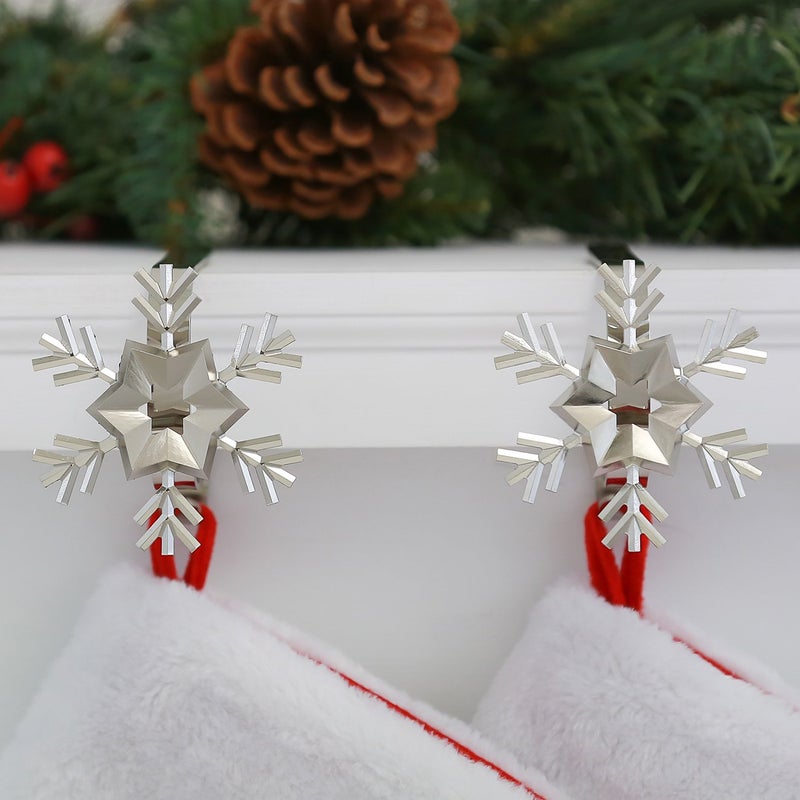 Haute Decor MantleClip Stocking Holders with Removable ZINC Alloy Holiday Icons (2-Pack Snowflake, Silver) - Christmas Stocking Hanger Hook Set - Holds Stocking Safely on Mantels up to 3 Inches Thick - Image 2