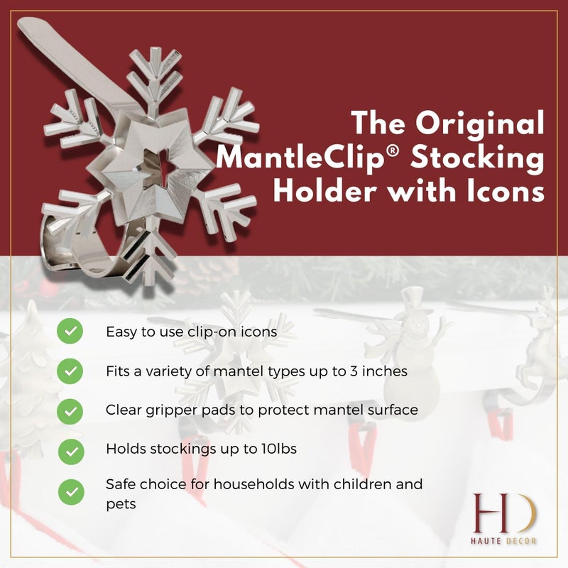 Haute Decor MantleClip Stocking Holders with Removable ZINC Alloy Holiday Icons (2-Pack Snowflake, Silver) - Christmas Stocking Hanger Hook Set - Holds Stocking Safely on Mantels up to 3 Inches Thick - Image 3