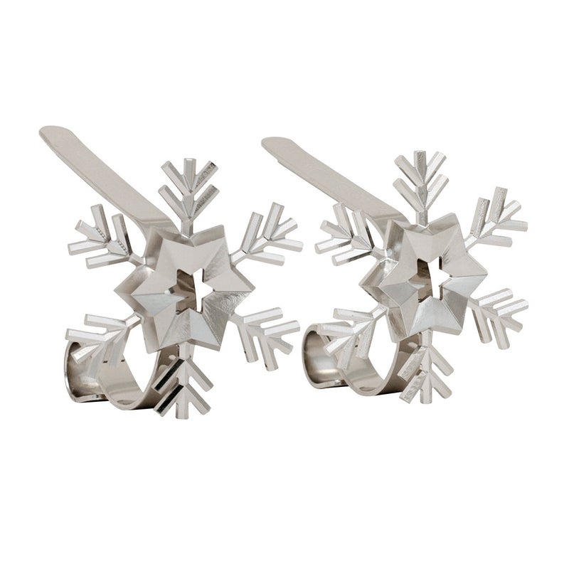 Haute Decor MantleClip Stocking Holders with Removable ZINC Alloy Holiday Icons (2-Pack Snowflake, Silver) - Christmas Stocking Hanger Hook Set - Holds Stocking Safely on Mantels up to 3 Inches Thick - Image 1