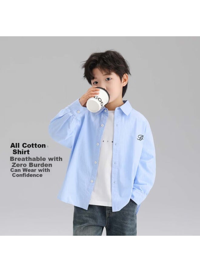 Zuoxi Boys' Shirt, Children's Pure Cotton, Spring And Autumn New Style Shirt, Handsome Boy Autumn Outerwear, Light Blue, Size 160 - Image 1