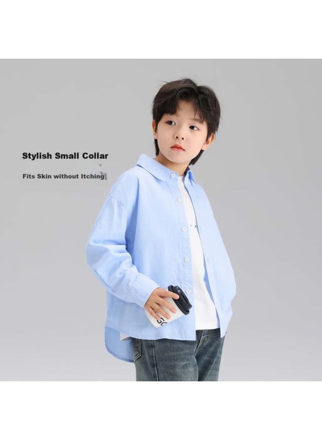 Zuoxi Boys' Shirt, Children's Pure Cotton, Spring And Autumn New Style Shirt, Handsome Boy Autumn Outerwear, Light Blue, Size 160 - Image 2