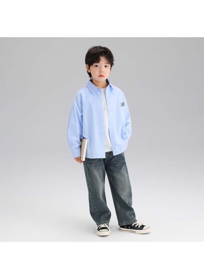Zuoxi Boys' Shirt, Children's Pure Cotton, Spring And Autumn New Style Shirt, Handsome Boy Autumn Outerwear, Light Blue, Size 160 - Image 3