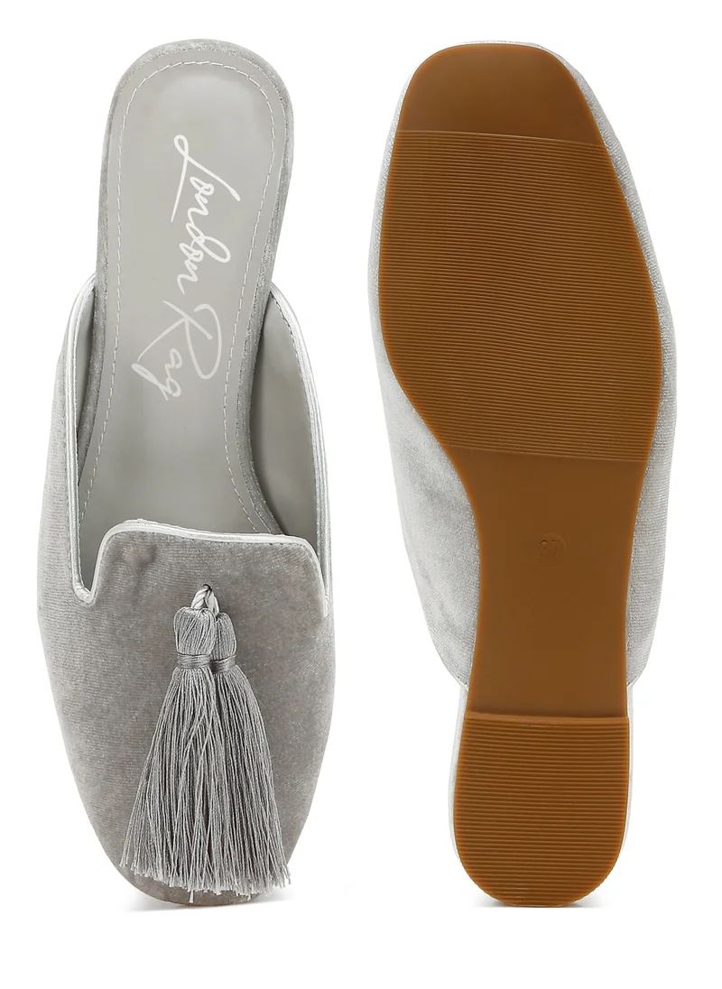 London Rag Tassel Detail Velvet Mules Silver Grey