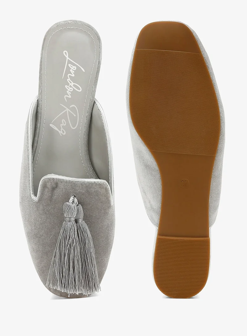 London Rag grey Tassel Detail Velvet Mules for Women | Best Price UAE
