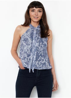 Blue Animal/Snake Printed Special Textured Tie Detail Stretchy Knitted Blouse TWOSS24BZ00491