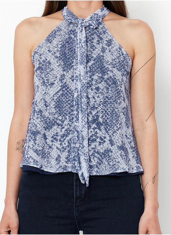 trendyol - Blue Animal/Snake Printed Special Textured Tie Detail Stretchy Knitted Blouse TWOSS24BZ00491 - Image 1