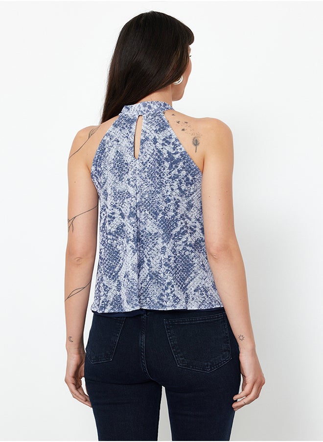 trendyol - Blue Animal/Snake Printed Special Textured Tie Detail Stretchy Knitted Blouse TWOSS24BZ00491 - Image 1