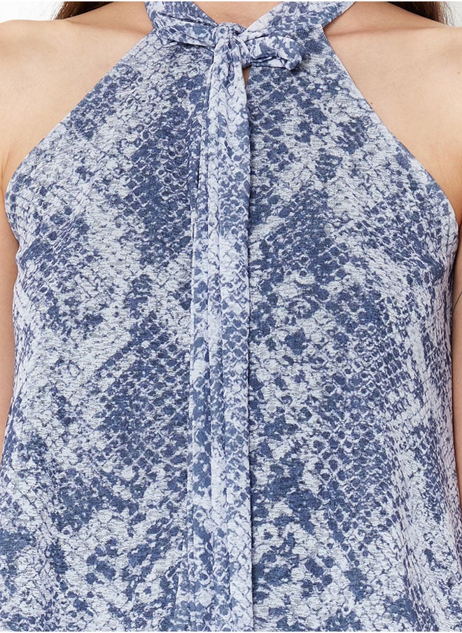 trendyol - Blue Animal/Snake Printed Special Textured Tie Detail Stretchy Knitted Blouse TWOSS24BZ00491 - Image 1