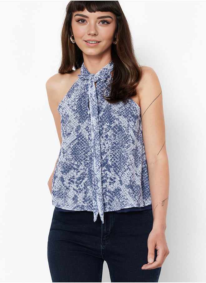 trendyol - Blue Animal/Snake Printed Special Textured Tie Detail Stretchy Knitted Blouse TWOSS24BZ00491 - Image 1