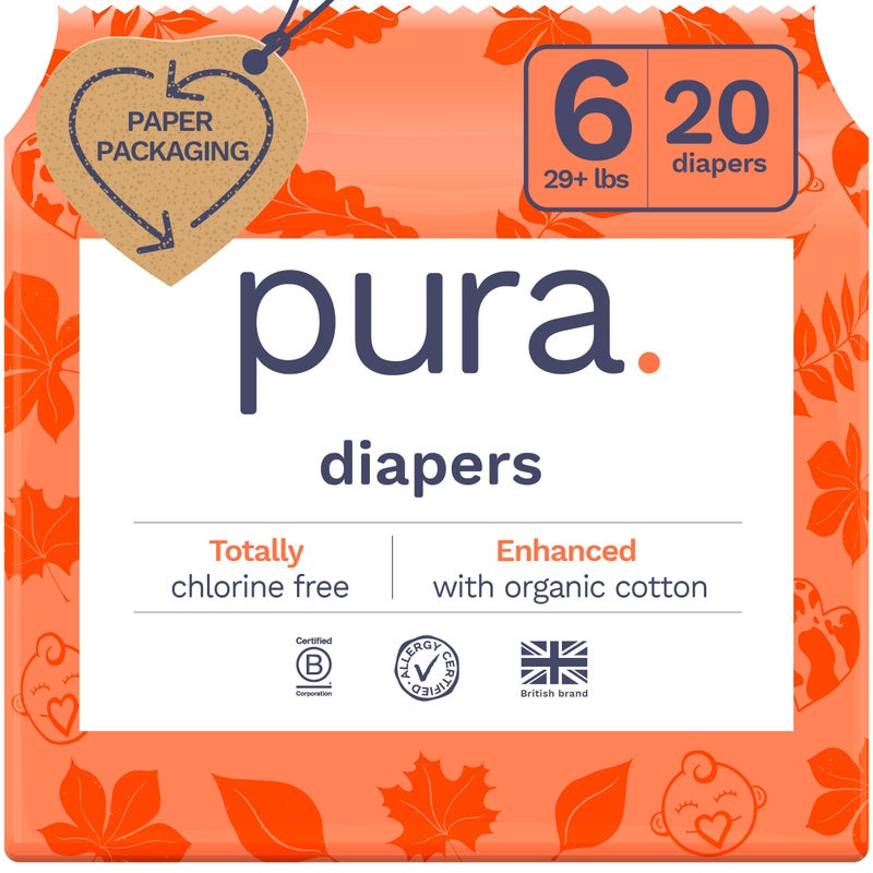 Pura Size 6 Eco-Friendly Diapers (29+ lbs) Totally Chlorine Free (TCF) Hypoallergenic, Soft Organic Cotton, Sustainable, up to 12 Hours Leak Protection, Allergy UK, 1 Packs of 18 Diapers - Image 1
