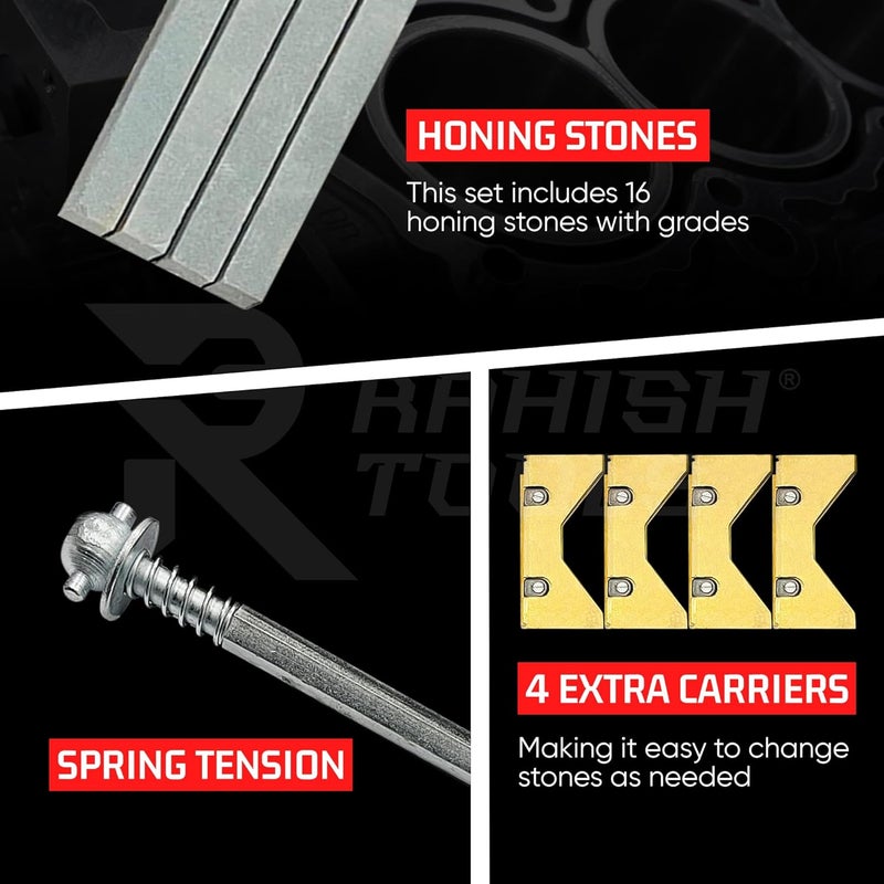 RAHISH TOOLS Engine Cylinder Hone Kit 34mm to 60mm with 4 Extra Carriers Adjustable Handheld Honing Machine Tool Kit with 16 Stones Sizes 3" x1/4" x1/4" - Works for Mid-Size to Larger Car Engines - Image 5