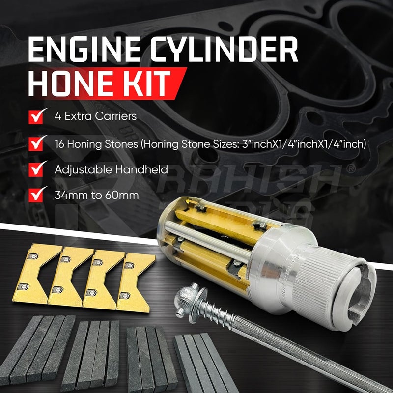 RAHISH TOOLS Engine Cylinder Hone Kit 34mm to 60mm with 4 Extra Carriers Adjustable Handheld Honing Machine Tool Kit with 16 Stones Sizes 3" x1/4" x1/4" - Works for Mid-Size to Larger Car Engines - Image 2