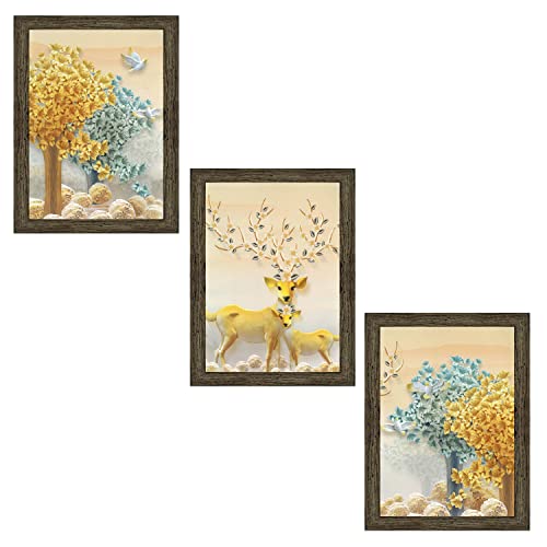 Indianara Set of 3 Deers Framed Art Painting (3990EBY) without glass 10.2 X 13, 10.2 X 13, 10.2 X 13 Inch, (Multicolor) - Image 1