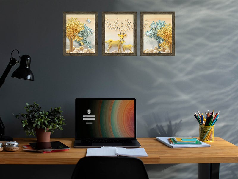 Indianara Set of 3 Deers Framed Art Painting (3990EBY) without glass 10.2 X 13, 10.2 X 13, 10.2 X 13 Inch, (Multicolor) - Image 3