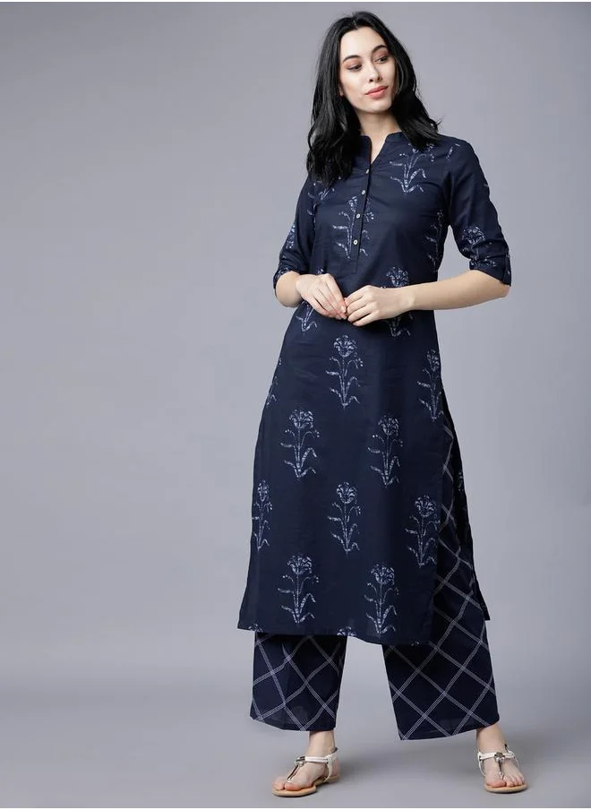 Vishudh Women Blue Printed Cotton Kurta with Palazzo Pants by Styli