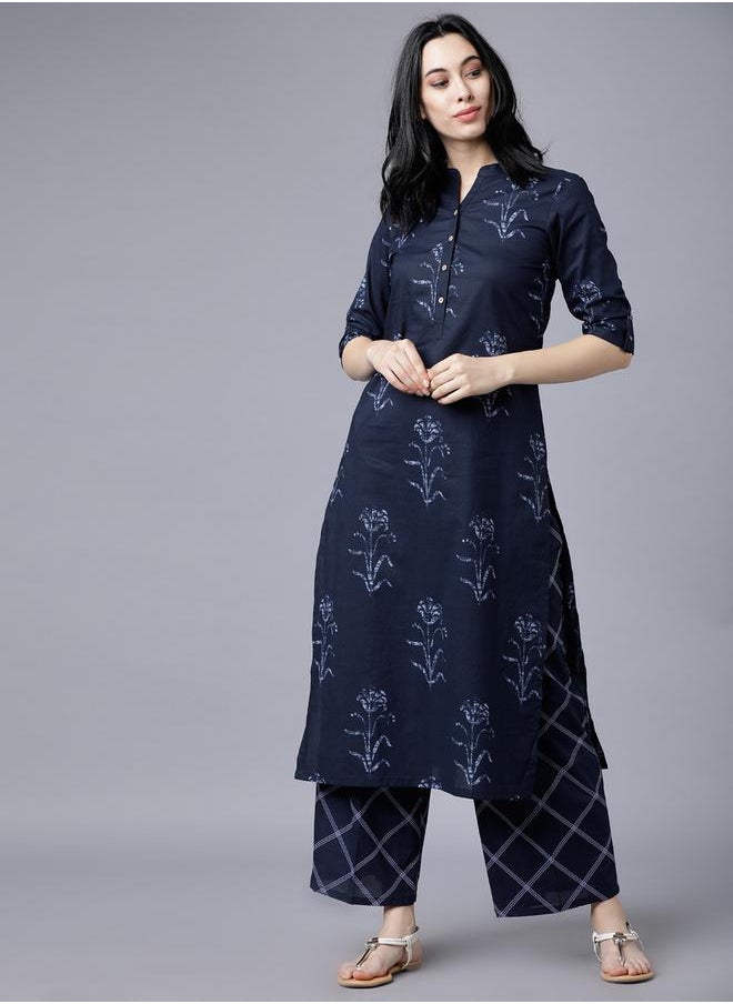 Vishudh Women Blue Printed Cotton Kurta with Palazzo Pants by Styli  - Image 1