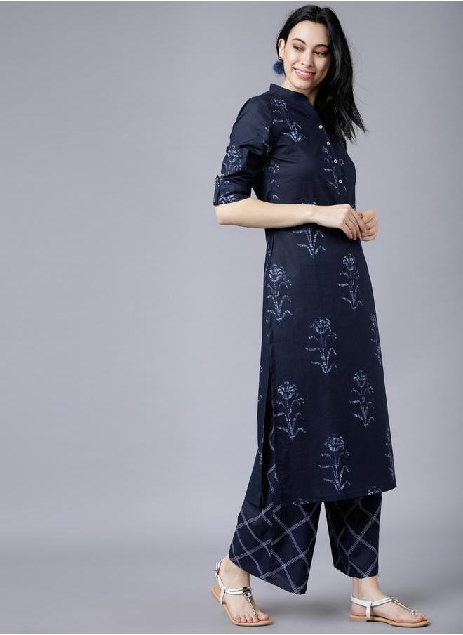 Vishudh Women Blue Printed Cotton Kurta with Palazzo Pants by Styli  - Image 4