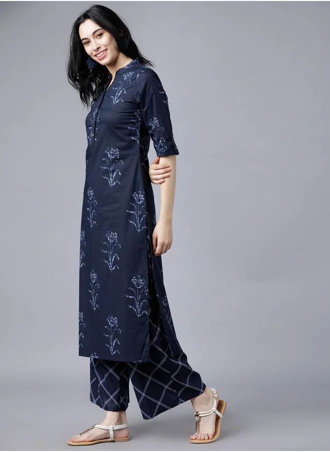 Vishudh Women Blue Printed Cotton Kurta with Palazzo Pants by Styli