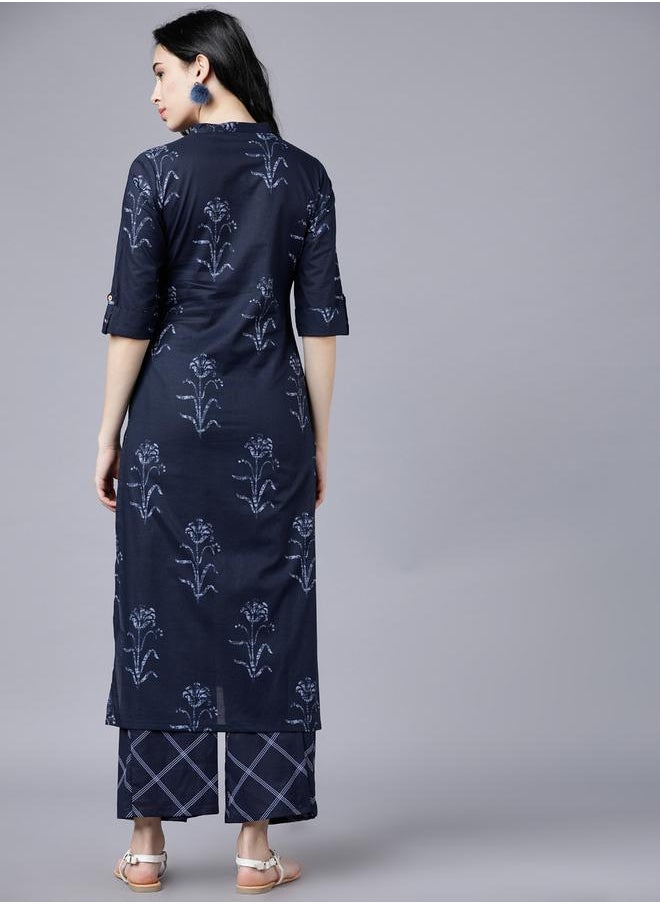 Vishudh Women Blue Printed Cotton Kurta with Palazzo Pants by Styli  - Image 3