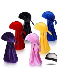LEADUWAY 6Pcs Velvet Durag With 1 Wave Cap For 360 Waves Doo Rag(Purple Red Black Pink Yellow Blue)  - Image 2