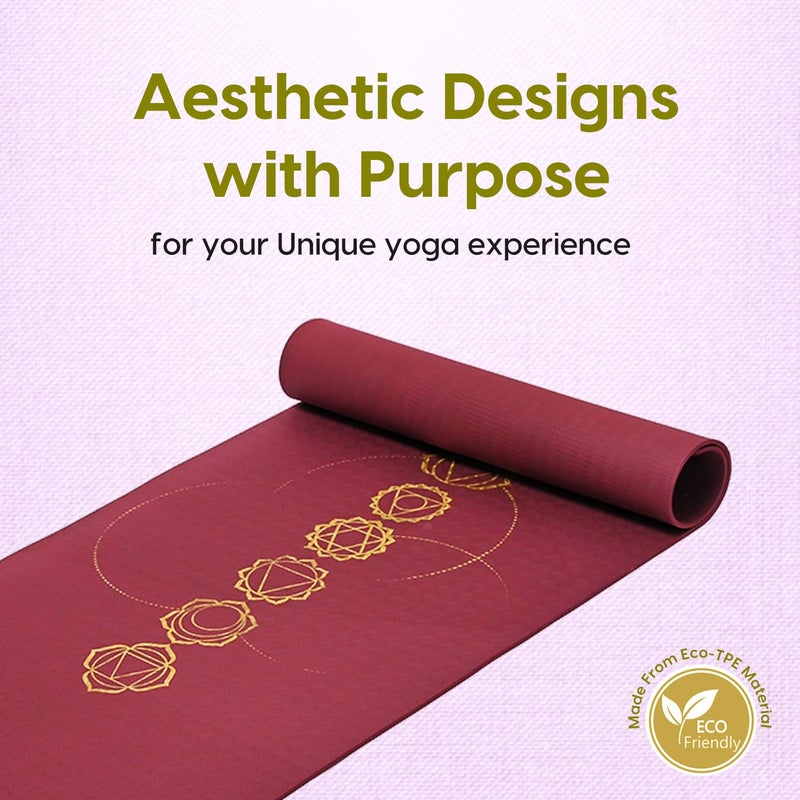 WISELIFE tpe 7 chakra Printed 6MM Yoga Mat + Yoga Strap For Men, Women, Kids|Anti-Slip Extra thick, long & Wide Exercise Sports Mat For Workout, Fitness, Yoga, Gym, Home & Pilates (Wine Chakra) - Image 2
