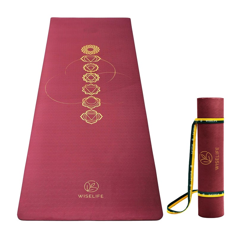 WISELIFE tpe 7 chakra Printed 6MM Yoga Mat + Yoga Strap For Men, Women, Kids|Anti-Slip Extra thick, long & Wide Exercise Sports Mat For Workout, Fitness, Yoga, Gym, Home & Pilates (Wine Chakra) - Image 1
