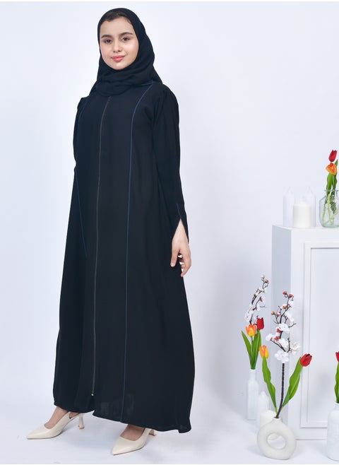 A practical girls' abaya with a zipper and qitan border in navy blue