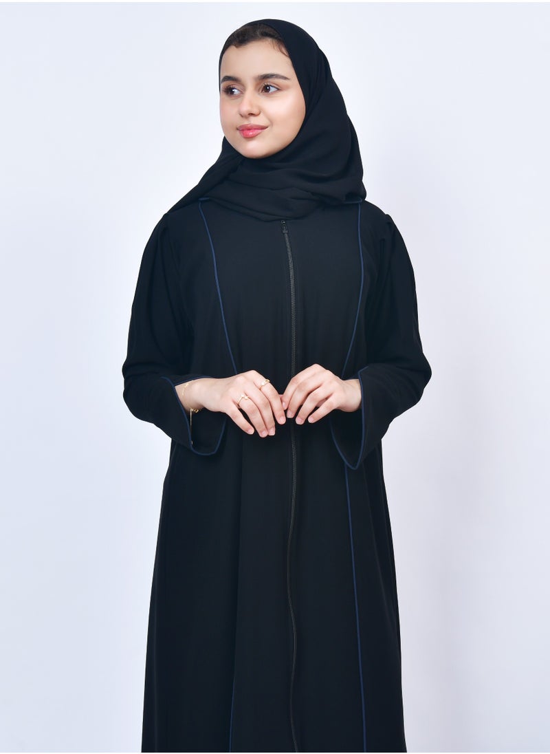 A practical girls' abaya with a zipper and qitan border in navy blue