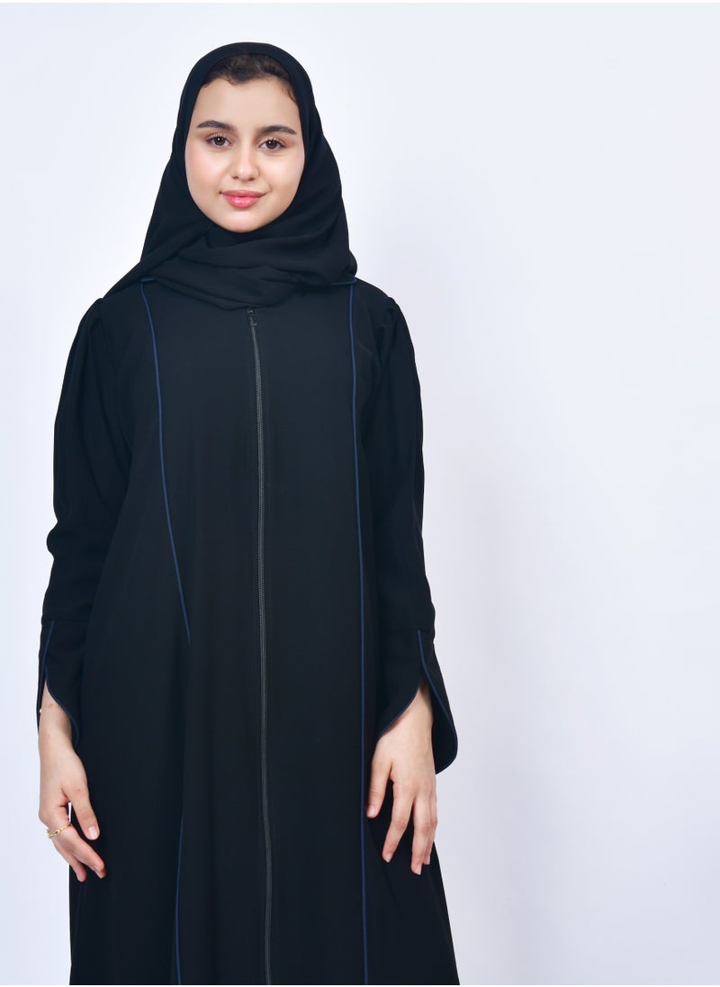 A practical girls' abaya with a zipper and qitan border in navy blue