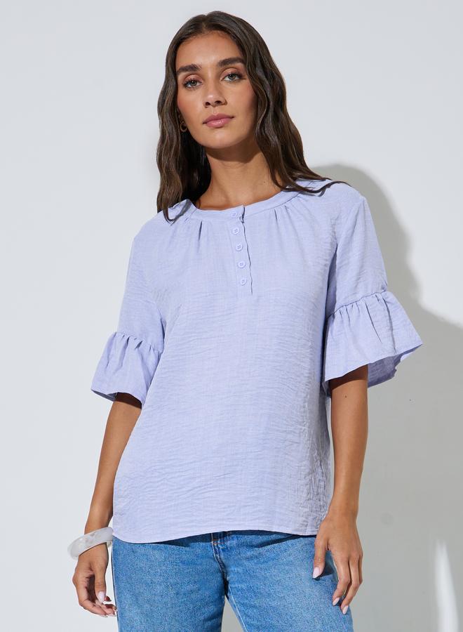 Styli Lilac Solid Ruffled Short Sleeves Blouse - Image 3