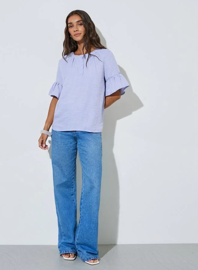 ستايلي Lilac Solid Ruffled Short Sleeves Blouse