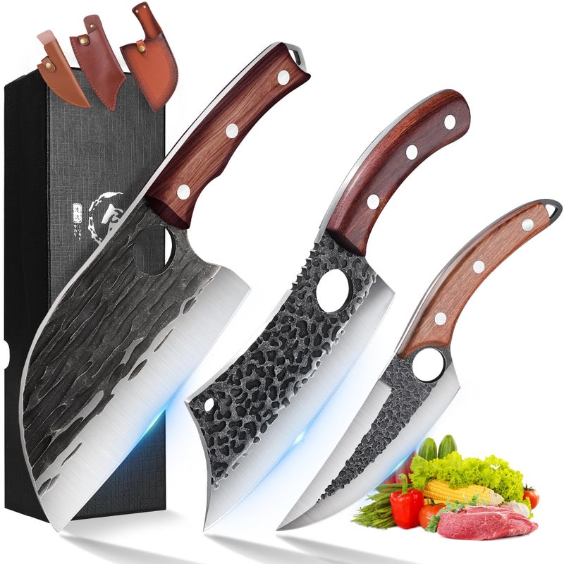 ROCOCO 3PCS Butcher Cleaver Knife Set for Meat Cutting Serbian Chef Knife Viking Boning Cleaver with Sheaths for Kitchen Outdoor BBQ Camping Birthday Father Mother Christmas Gift Idea Men - Image 1