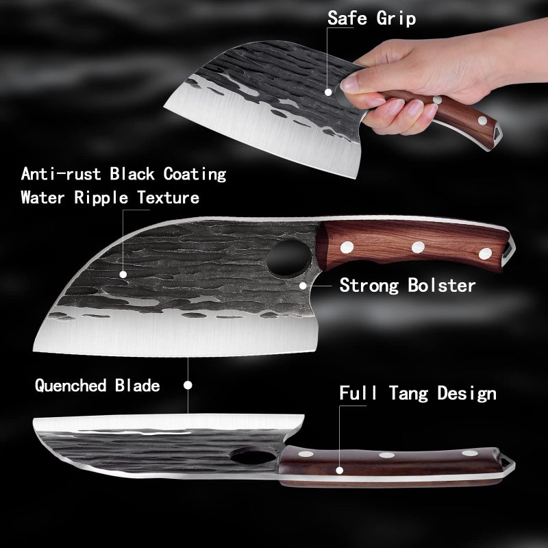 ROCOCO 3PCS Butcher Cleaver Knife Set for Meat Cutting Serbian Chef Knife Viking Boning Cleaver with Sheaths for Kitchen Outdoor BBQ Camping Birthday Father Mother Christmas Gift Idea Men - Image 2