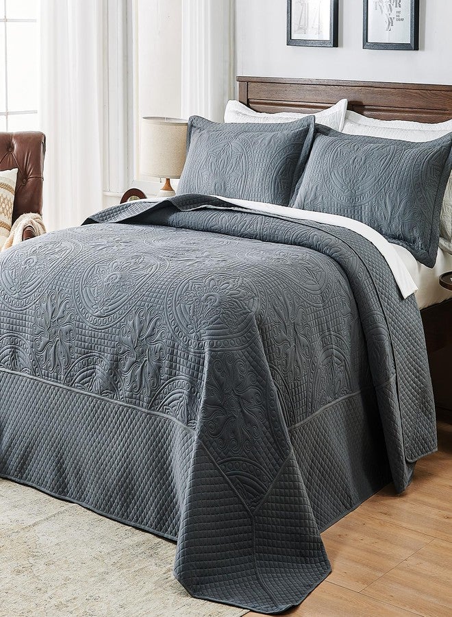 Qucover Oversized King Quilt 120x120, 3 Piece California King Size Bedspread, Soft Microfiber Lightweight Coverlet, Ultrasonic Quilting Vintage Pattern, Dark Grey - Image 1