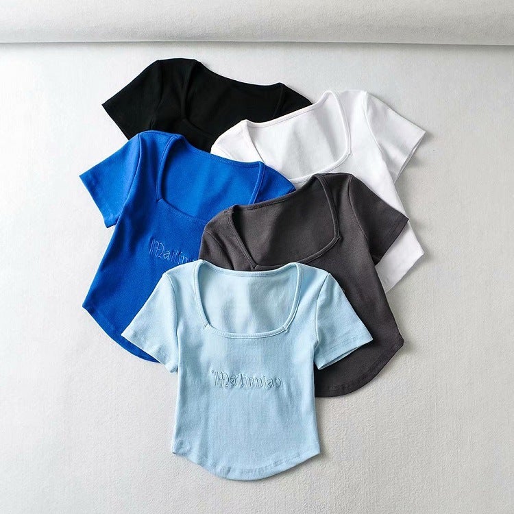 YPFF New Summer Fashion Retro Letter Embroidered Pullover Short Sleeve Square Neck Slim Fit Navel Women's T-shirt - Image 5