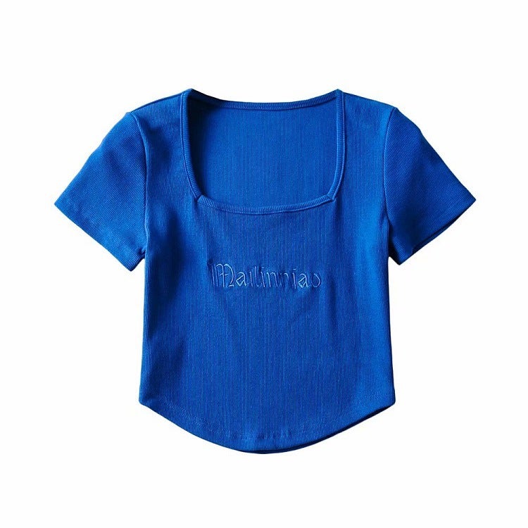 YPFF New Summer Fashion Retro Letter Embroidered Pullover Short Sleeve Square Neck Slim Fit Navel Women's T-shirt - Image 1