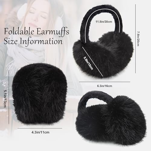WATAME Earmuffs for Women Girls Faux Fur Fuzzy Headband Foldable Ear Covers Cold Weather Accessory (Black) - Image 2
