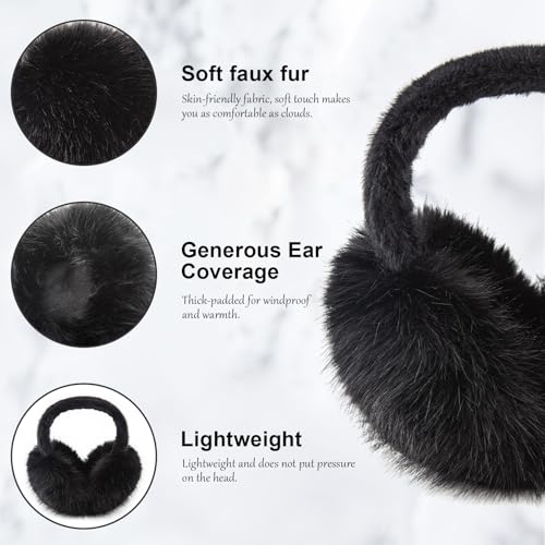WATAME Earmuffs for Women Girls Faux Fur Fuzzy Headband Foldable Ear Covers Cold Weather Accessory (Black) - Image 5