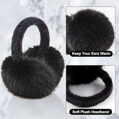 WATAME Earmuffs for Women Girls Faux Fur Fuzzy Headband Foldable Ear Covers Cold Weather Accessory (Black) - Image 3