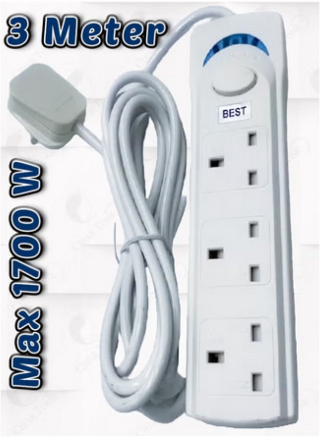Best - Best Power Strips Extension Cord | 3 Sockets Universal Plug Adapter with 3Meter Bold Extension Cable | Power Socket | Extension Board | Extension Cable | Extension Socket (White) - Image 1