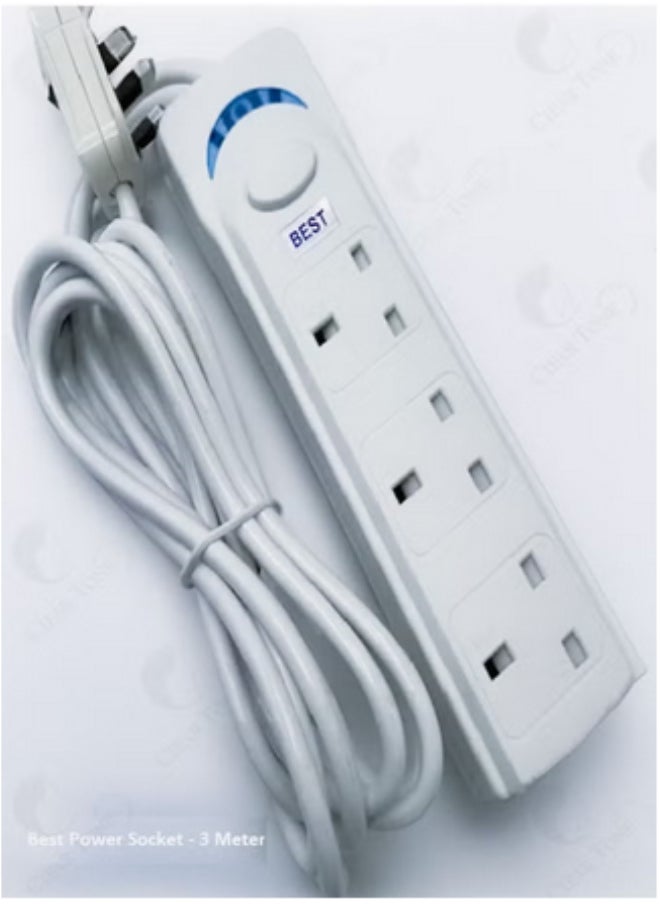Best - Best Power Strips Extension Cord | 3 Sockets Universal Plug Adapter with 3Meter Bold Extension Cable | Power Socket | Extension Board | Extension Cable | Extension Socket (White) - Image 1