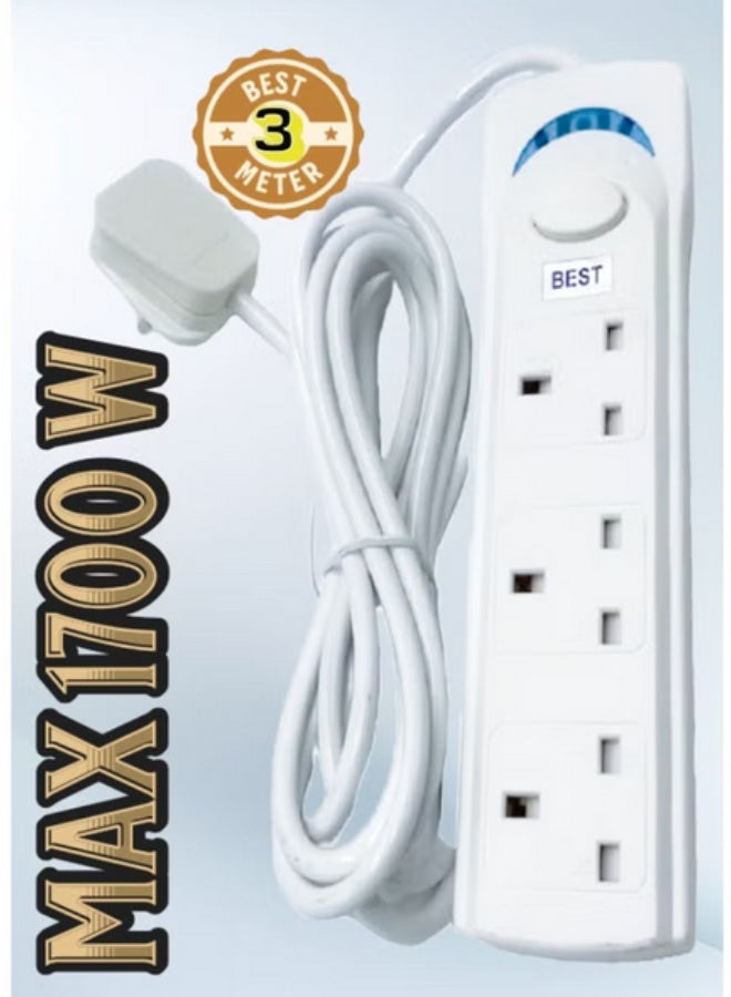 Best Power Strips Extension Cord | 3 Sockets Universal Plug Adapter with 3Meter Bold Extension Cable | Power Socket | Extension Board | Extension Cable | Extension Socket (White) - Image 1